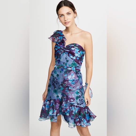 Marchesa Notte One Shoulder Colorblock Cocktail Dress In Blue - Picture 8 of 14